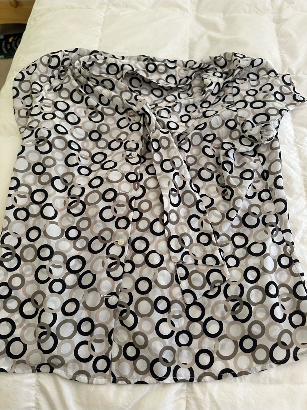 Womens Tie-Neck Circle Print Blouse - Black & Gray. Whisper weight
